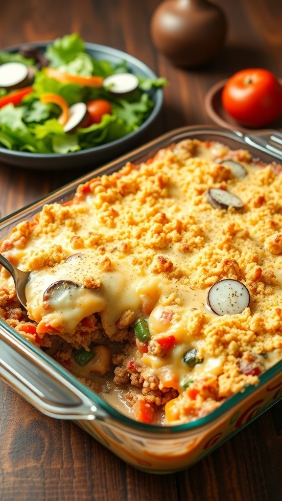 A comforting 9x13 casserole with ground meat, vegetables, and melted cheese, served on a wooden table.